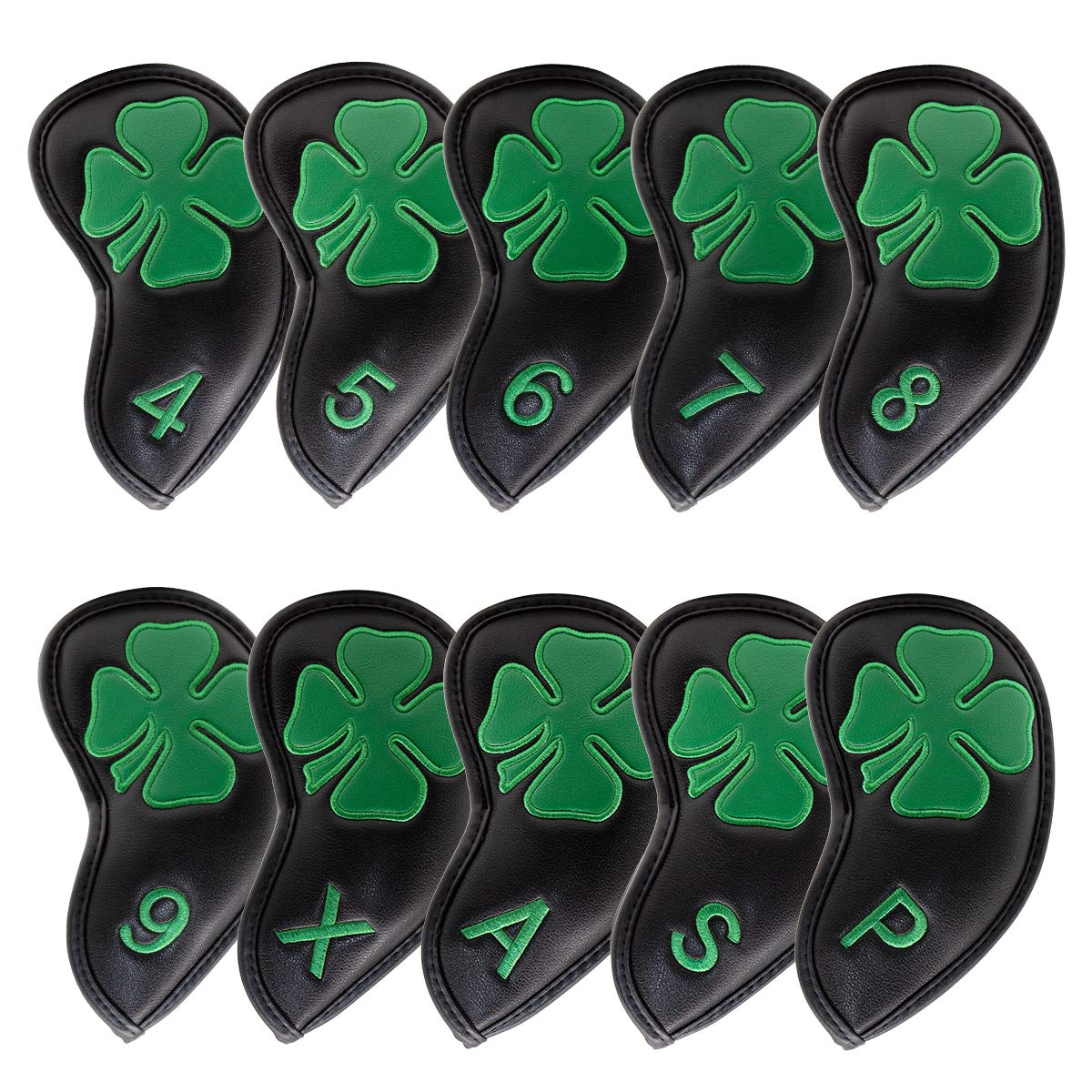 Golf Club Iron Set - ปลอกหุ้มหัวเหล็กกอล์ฟ สีดำ ลายโคลเวอร์นำโชค ทำจากหนัง สำหรับไม้กอล์ฟ 10