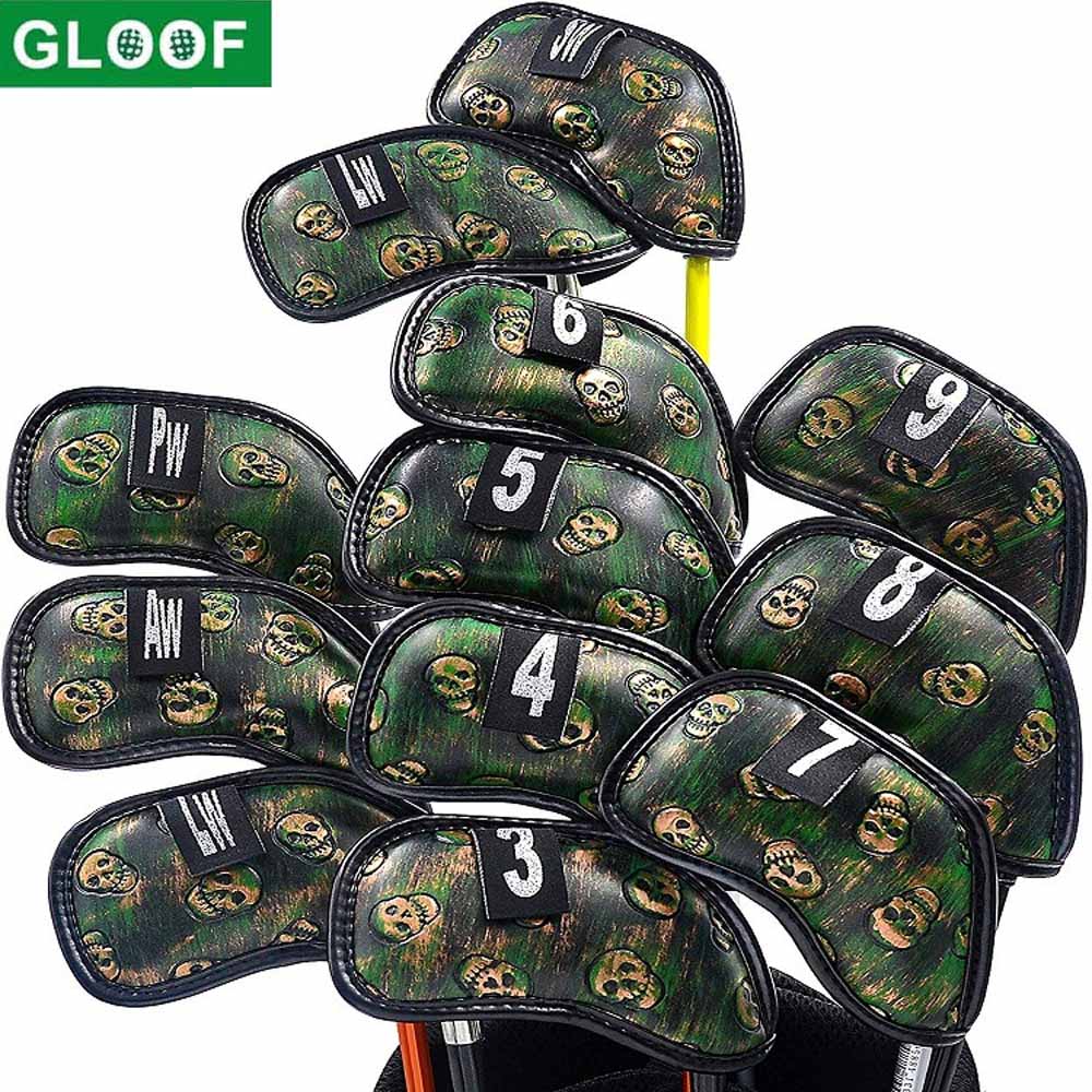 Golf Club Iron Set - ชุดปลอกหุ้มหัวเหล็กกอล์ฟลายหัวกะโหลก 12 ชิ้น, ปลอกหุ้มหัวเหล็กกอล์ฟ 3-9 PW